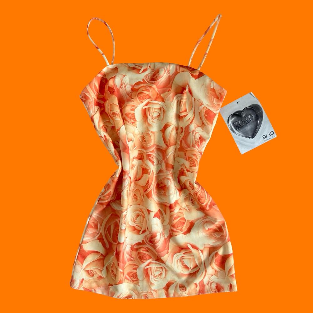 90's vintage orange rose floral photo print mini dress Size 9 xoxo *deadstock*